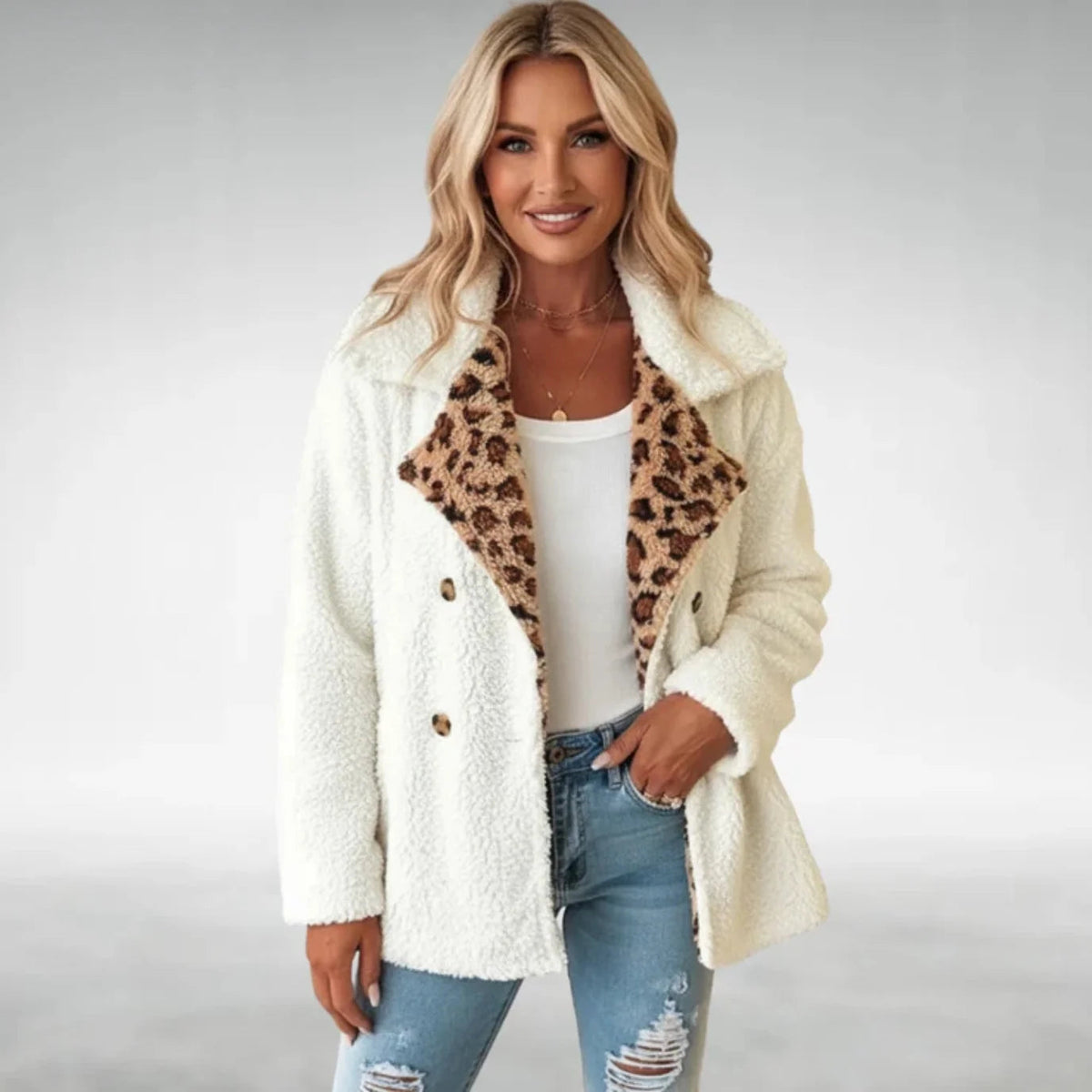 Women's Teddy Fleece Coat – Leopard Print Lapel Double Breasted