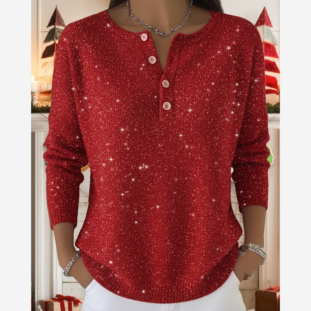 Women's Red Sparkly Knit Jumper – Button Front Round Neck