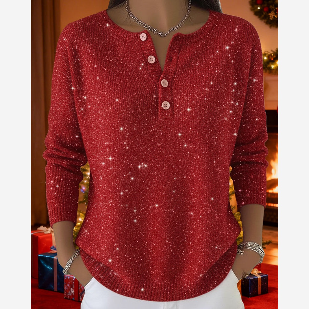 Women's Red Sparkly Knit Jumper – Button Front Round Neck