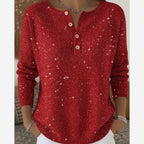 Women's Red Sparkly Knit Jumper – Button Front Round Neck