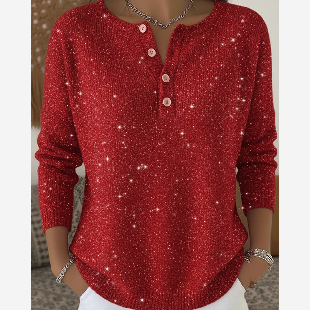 Women's Red Sparkly Knit Jumper – Button Front Round Neck