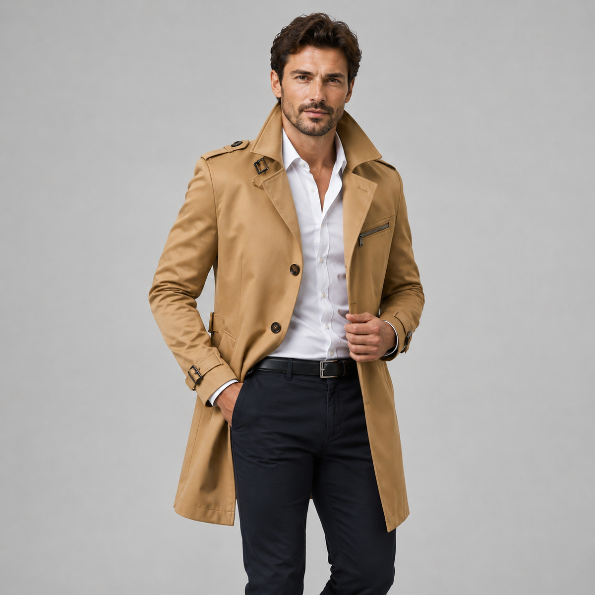 Men's Trench Coat – Double Breasted Belted Tailored Fit