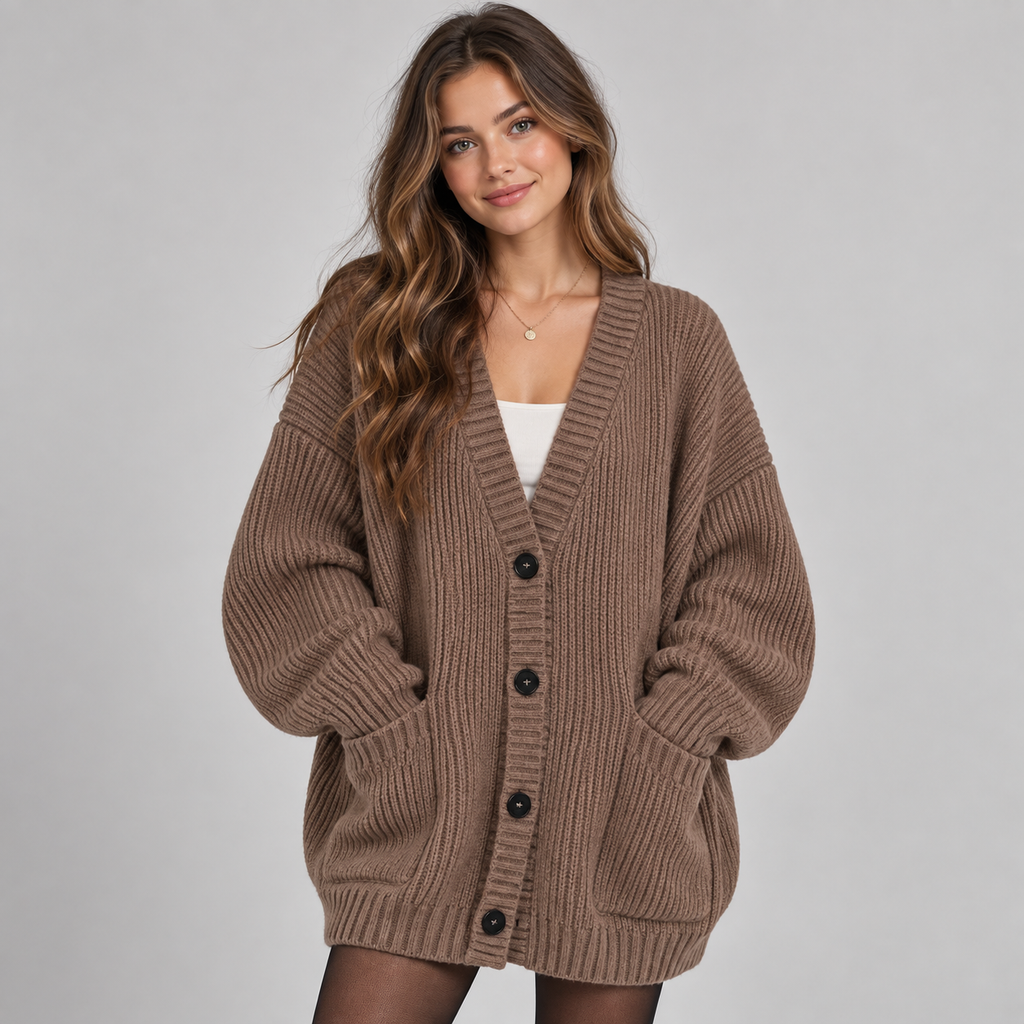 Women's Chunky Knit Cardigan – Oversized V-Neck Button Front
