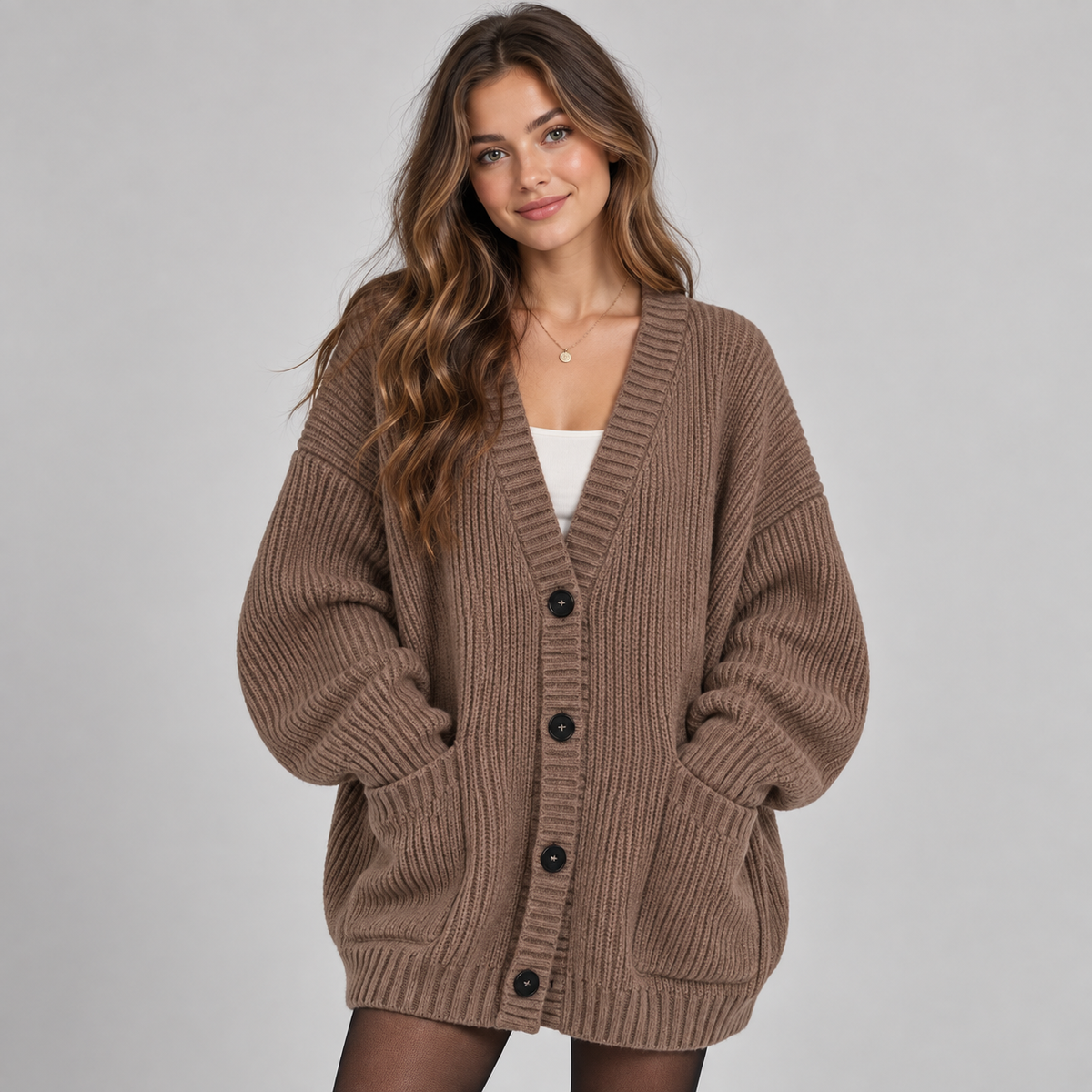 Women's Chunky Knit Cardigan – Oversized V-Neck Button Front