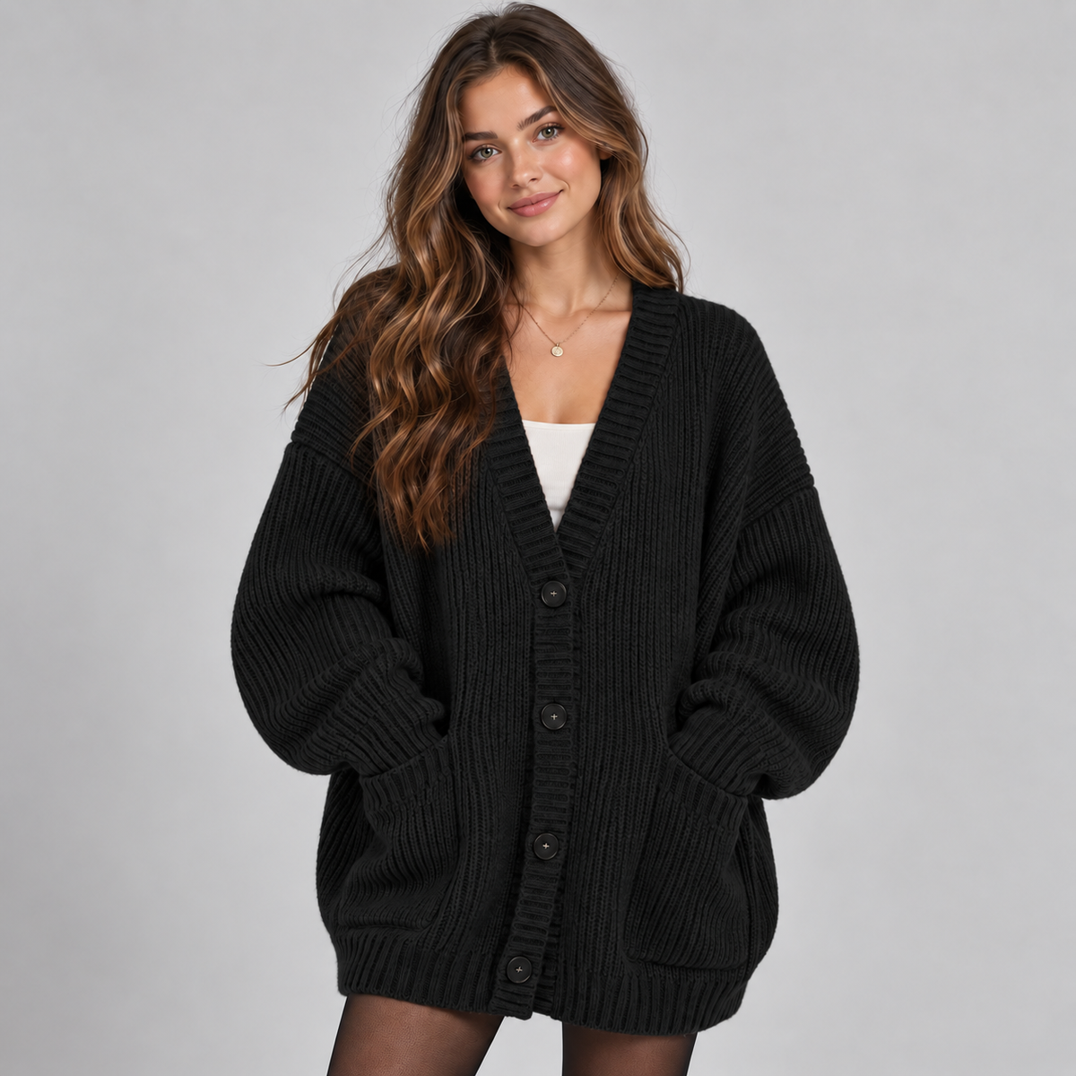 Women's Chunky Knit Cardigan – Oversized V-Neck Button Front