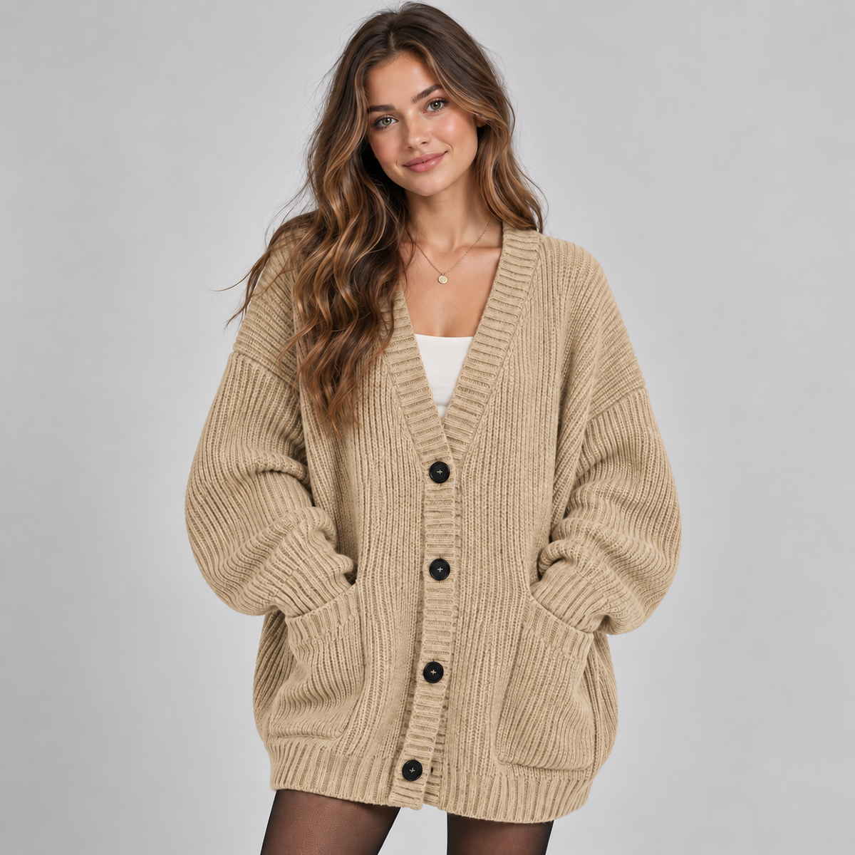 Women's Chunky Knit Cardigan – Oversized V-Neck Button Front