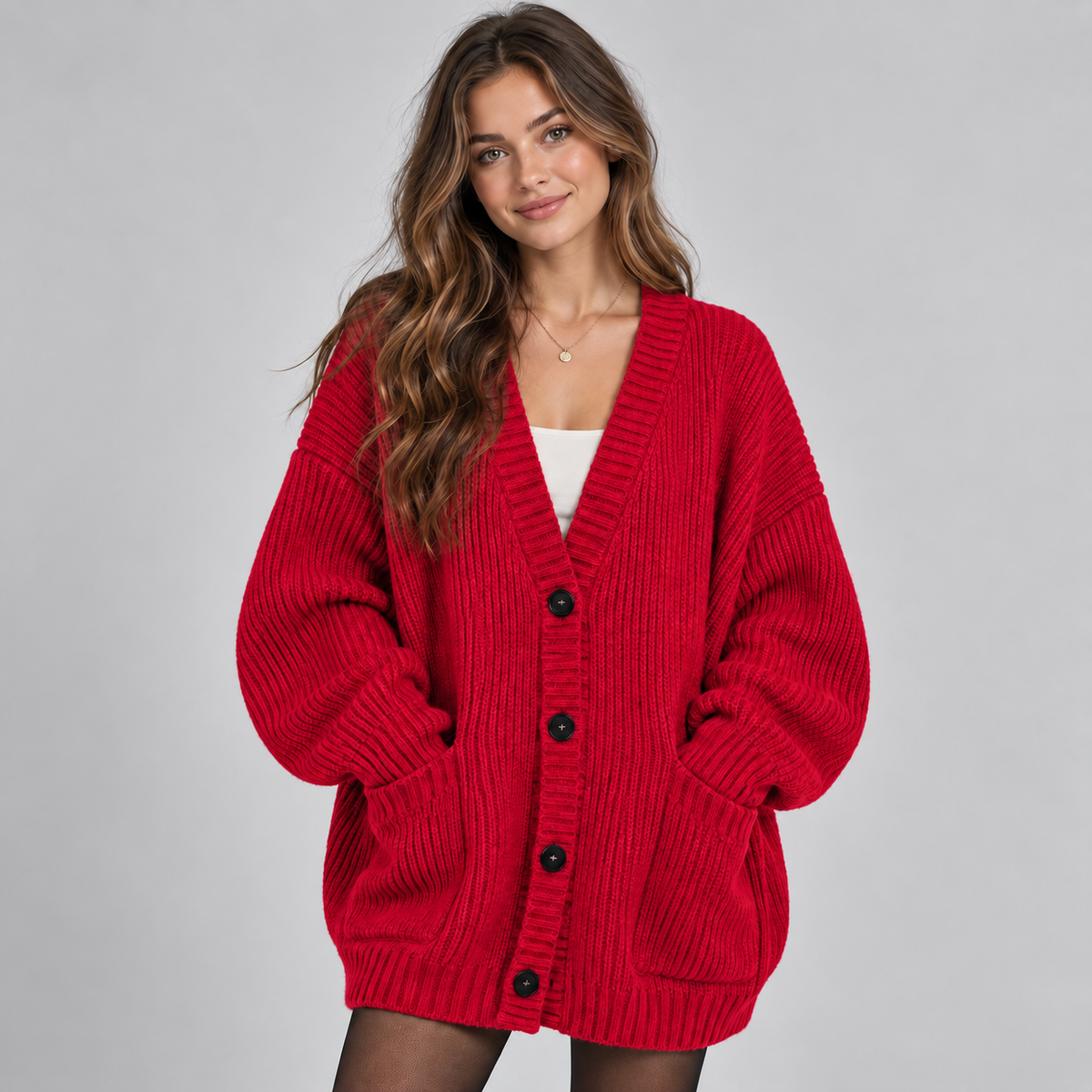 Women's Chunky Knit Cardigan – Oversized V-Neck Button Front