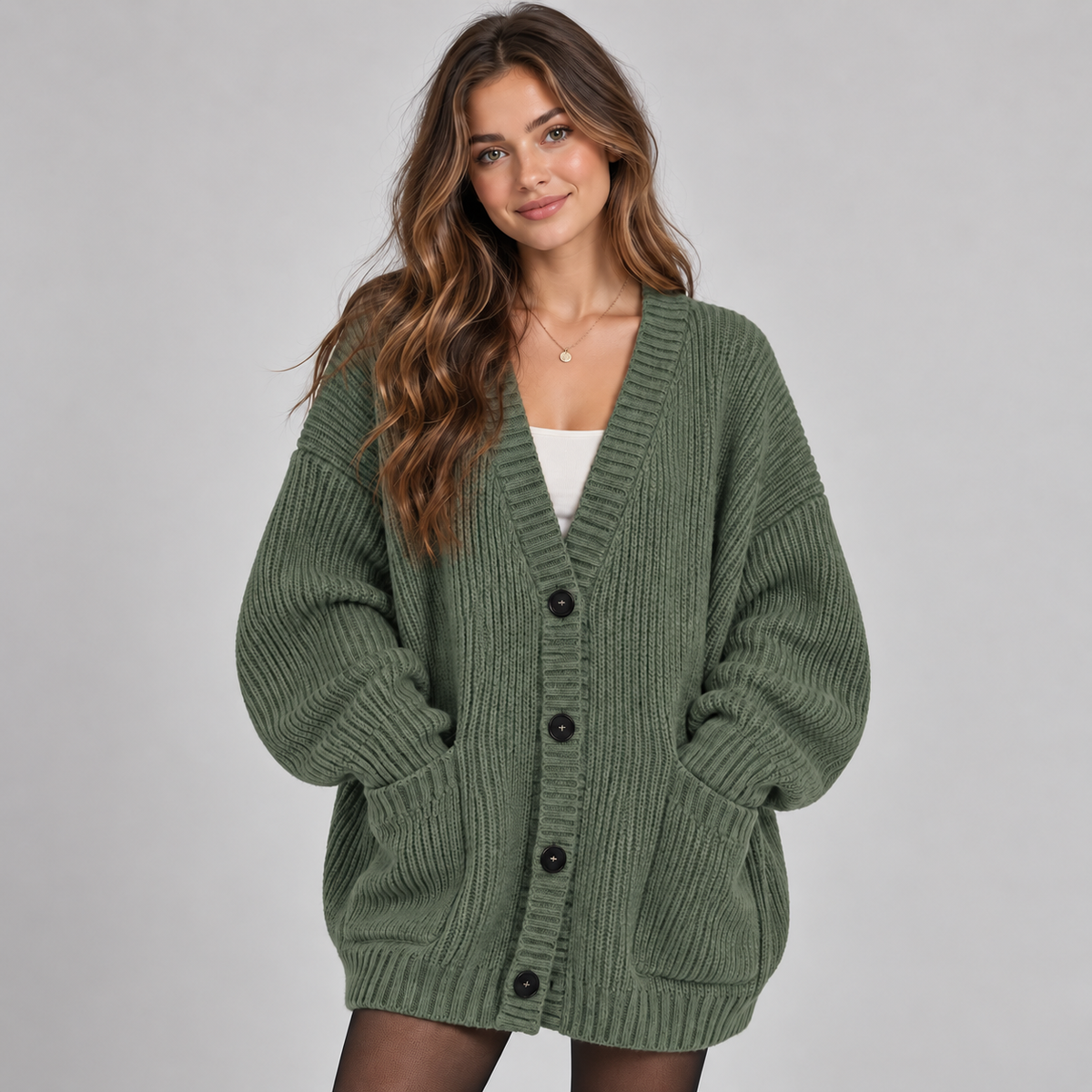 Women's Chunky Knit Cardigan – Oversized V-Neck Button Front
