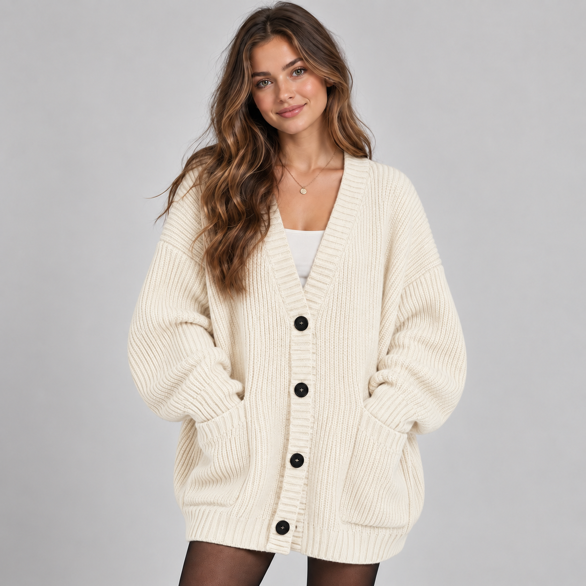 Women's Chunky Knit Cardigan – Oversized V-Neck Button Front