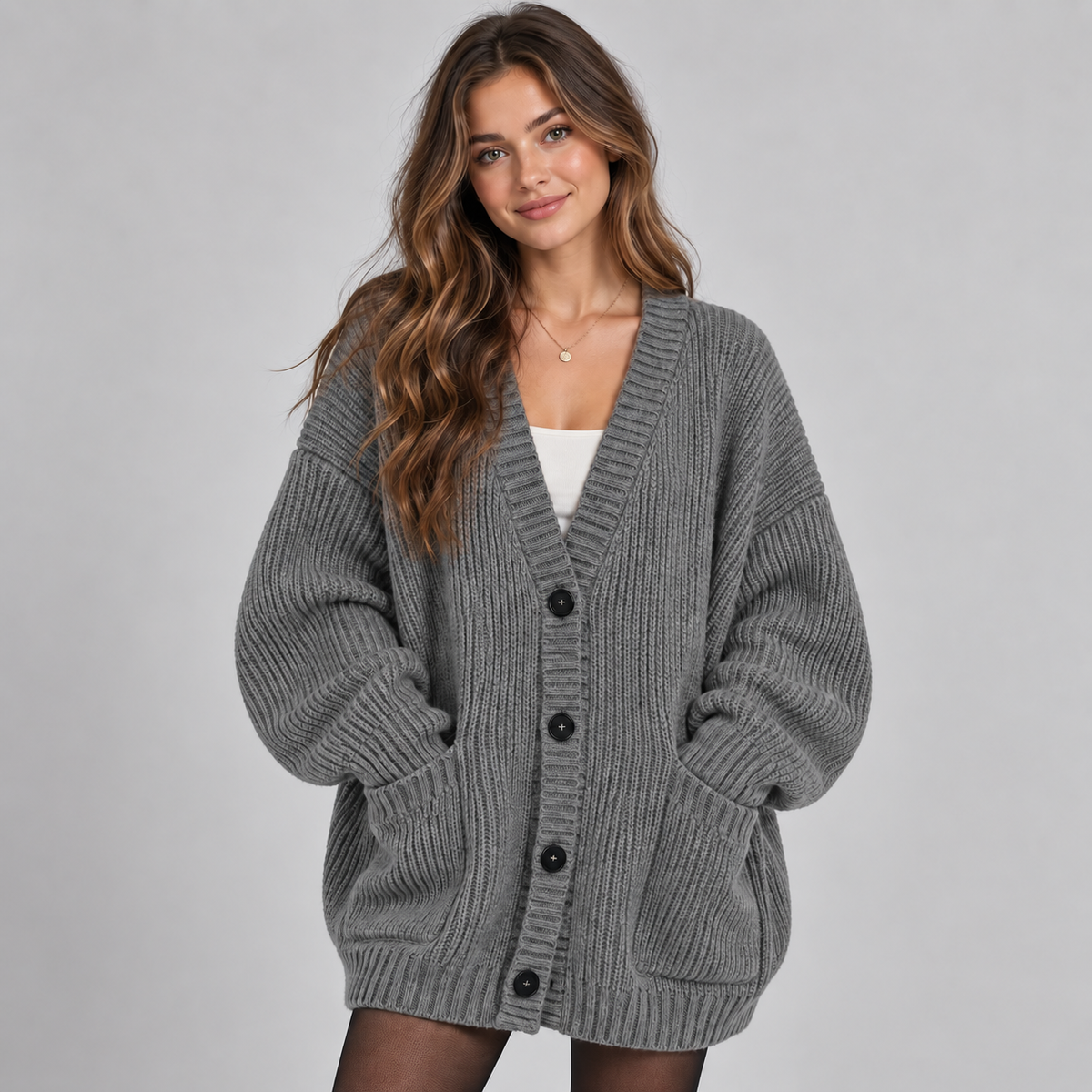 Women's Chunky Knit Cardigan – Oversized V-Neck Button Front
