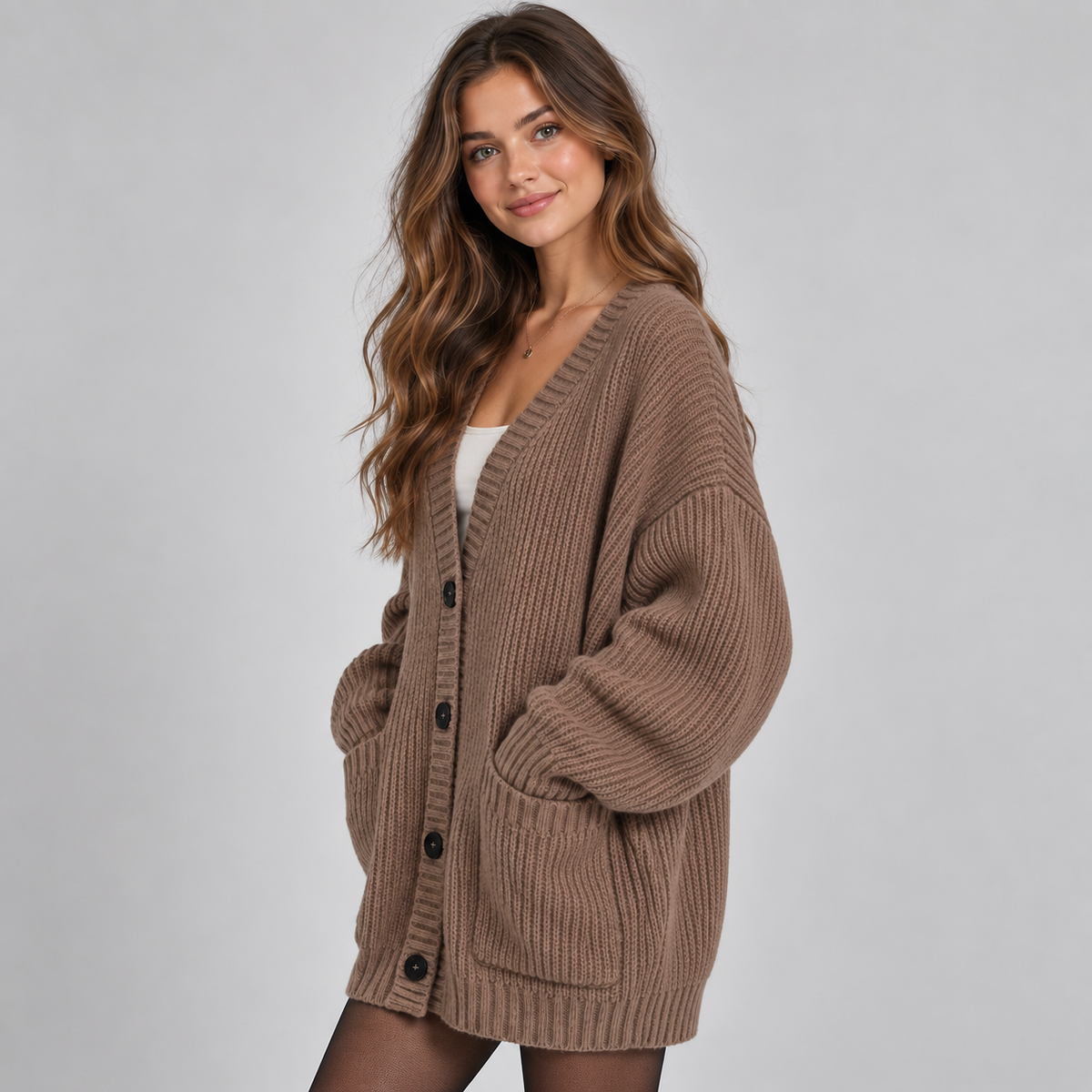 Women's Chunky Knit Cardigan – Oversized V-Neck Button Front