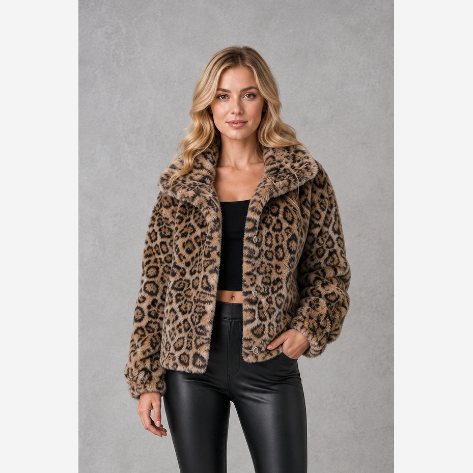 Women's Leopard Print Faux Fur Jacket – Cropped Fit