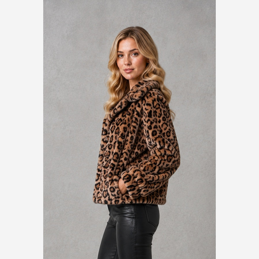 Women's Leopard Print Faux Fur Jacket – Cropped Fit