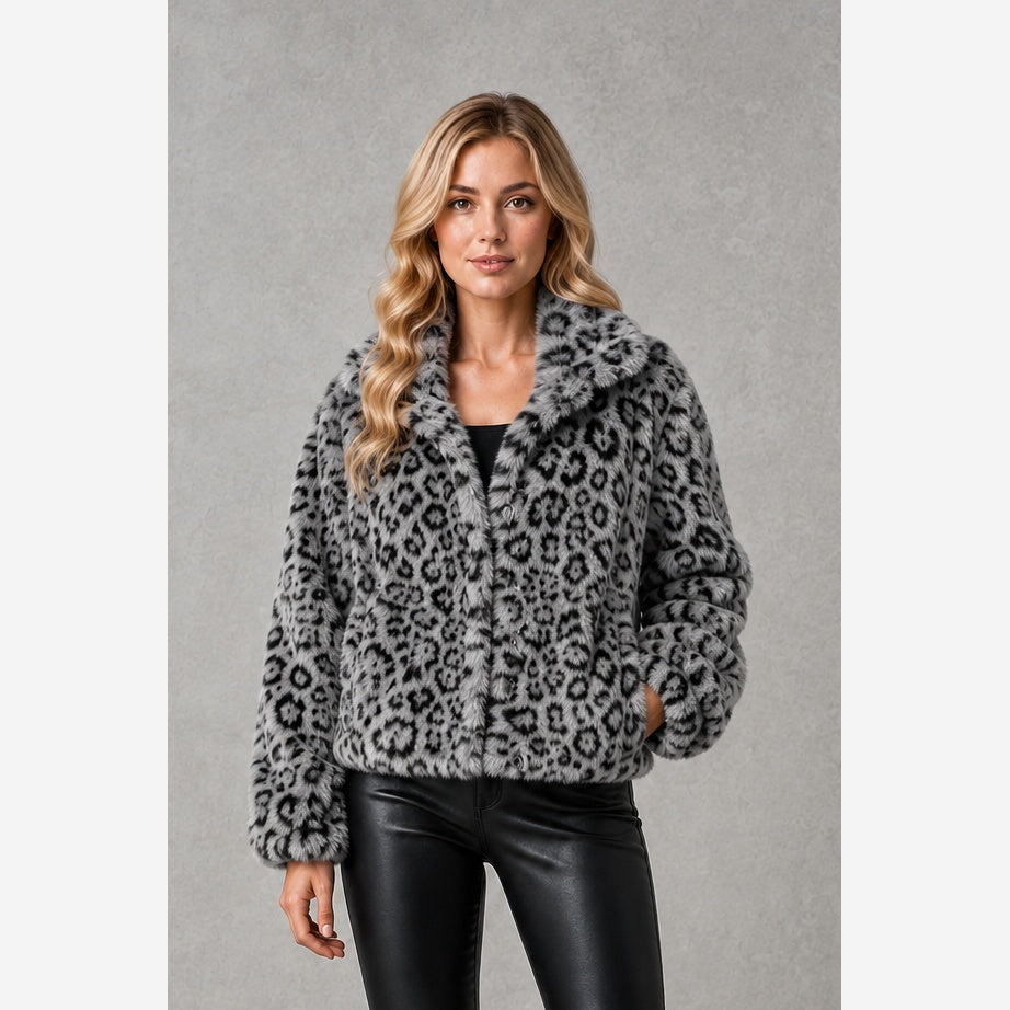 Women's Leopard Print Faux Fur Jacket – Cropped Fit