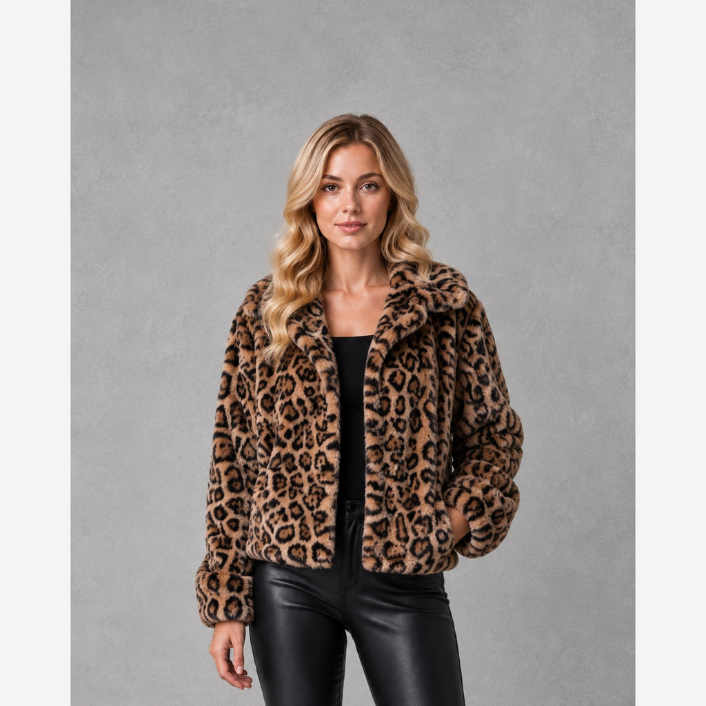 Women's Leopard Print Faux Fur Jacket – Cropped Fit