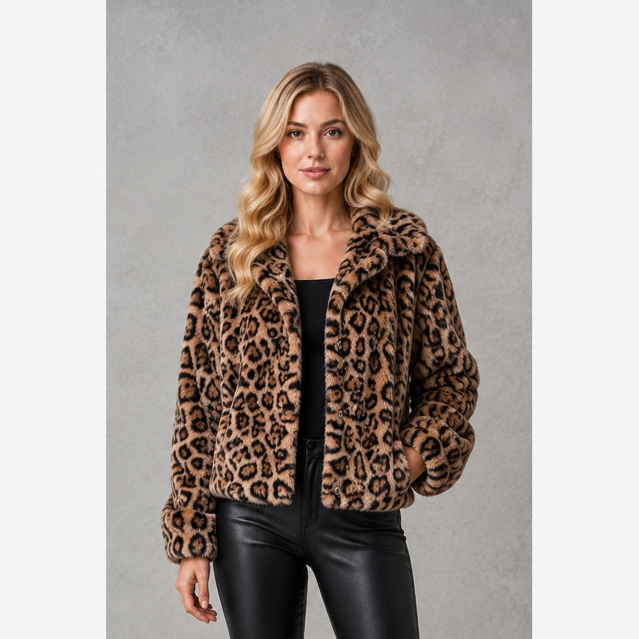 Women's Leopard Print Faux Fur Jacket – Cropped Fit
