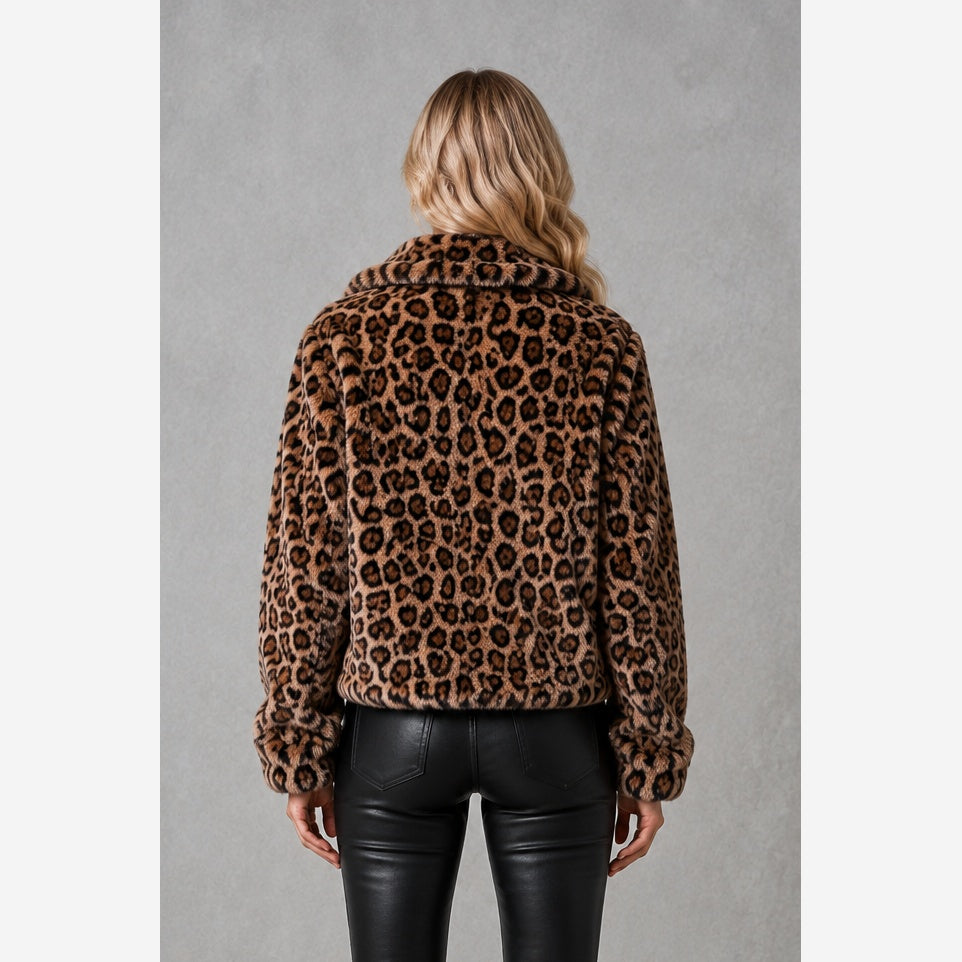 Women's Leopard Print Faux Fur Jacket – Cropped Fit