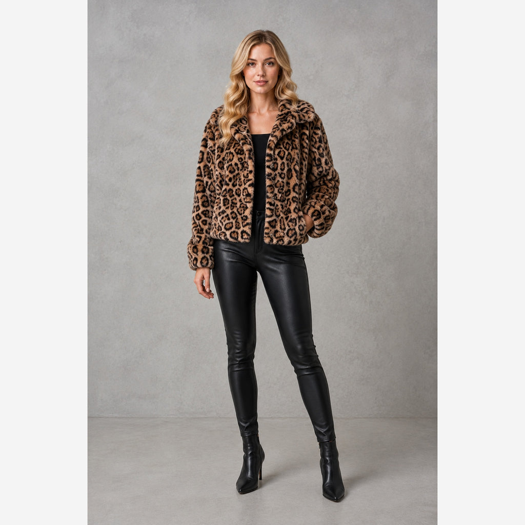 Women's Leopard Print Faux Fur Jacket – Cropped Fit