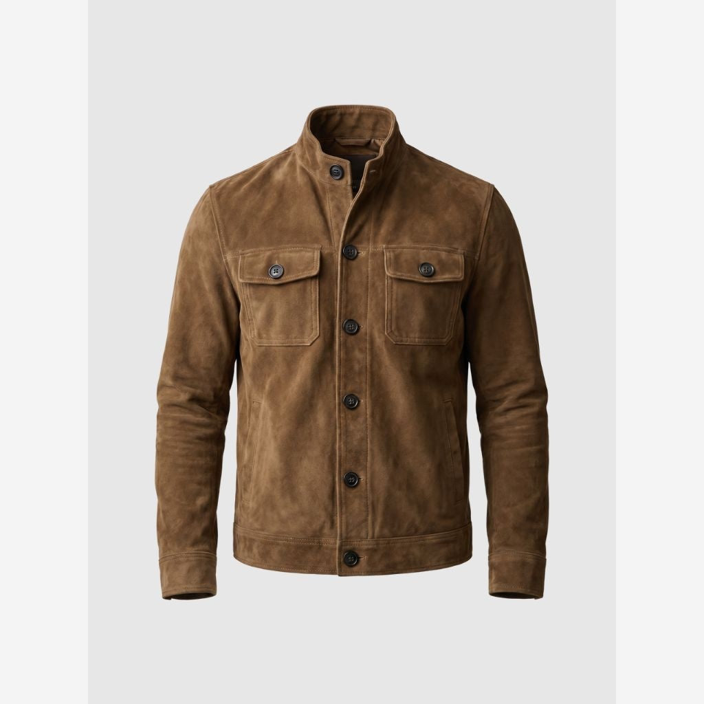Men's Vintage Suede Jacket – Stand Collar & Button Front