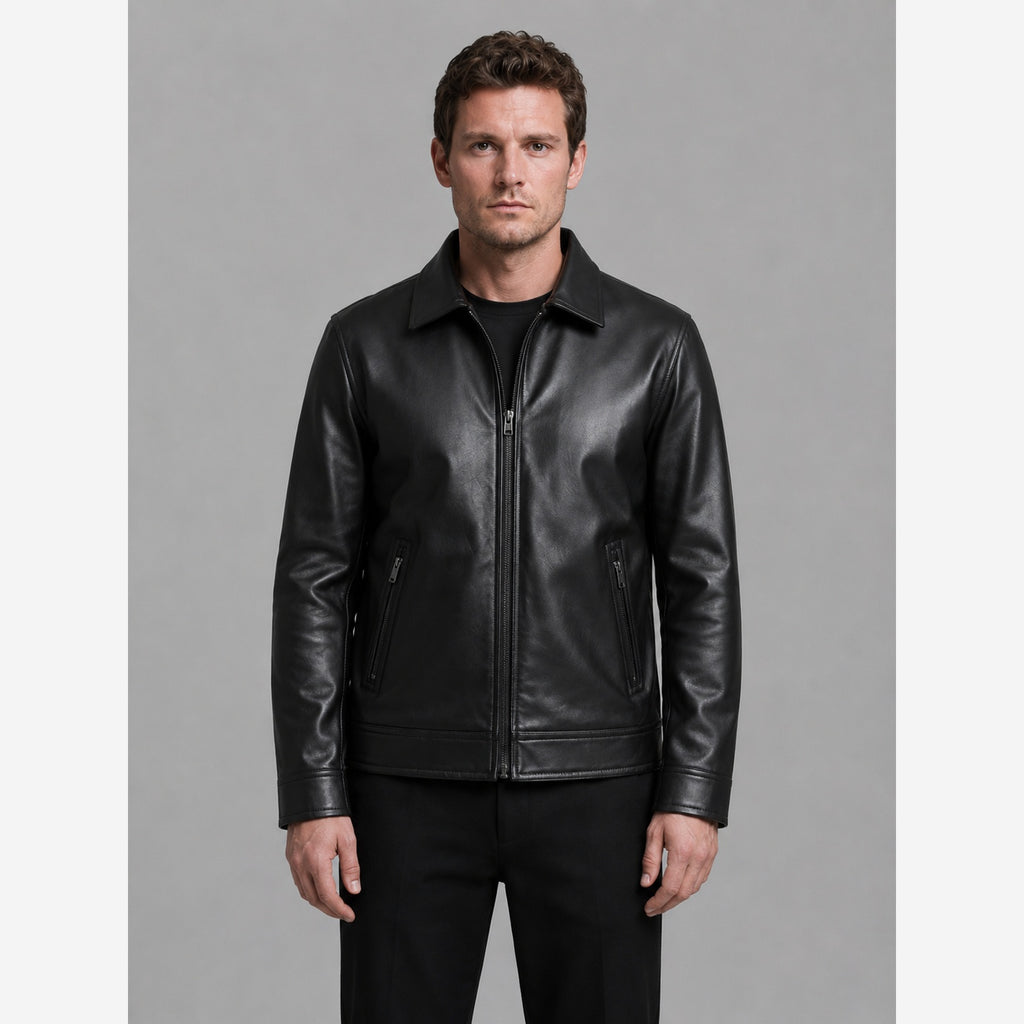 Men's Black Faux Leather Jacket – Zip Front & Pockets