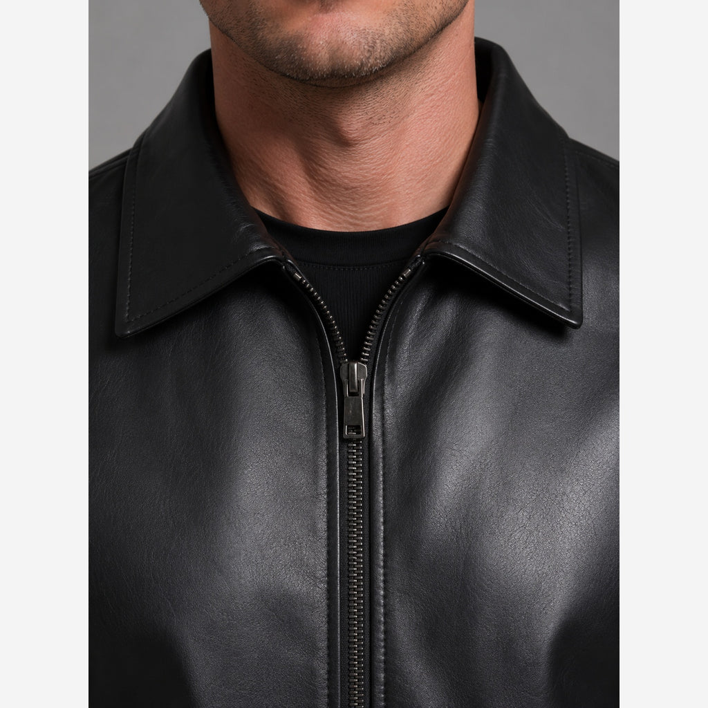 Men's Black Faux Leather Jacket – Zip Front & Pockets