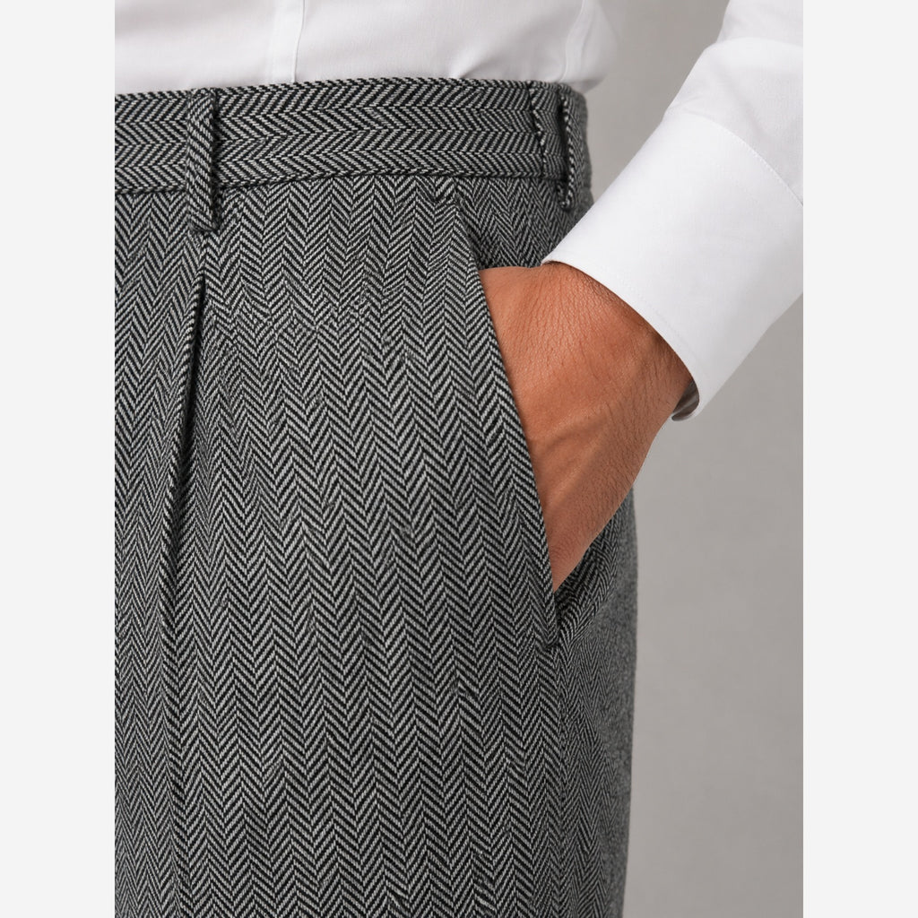 Men's Herringbone Trousers – High Waist Pleated Straight Leg