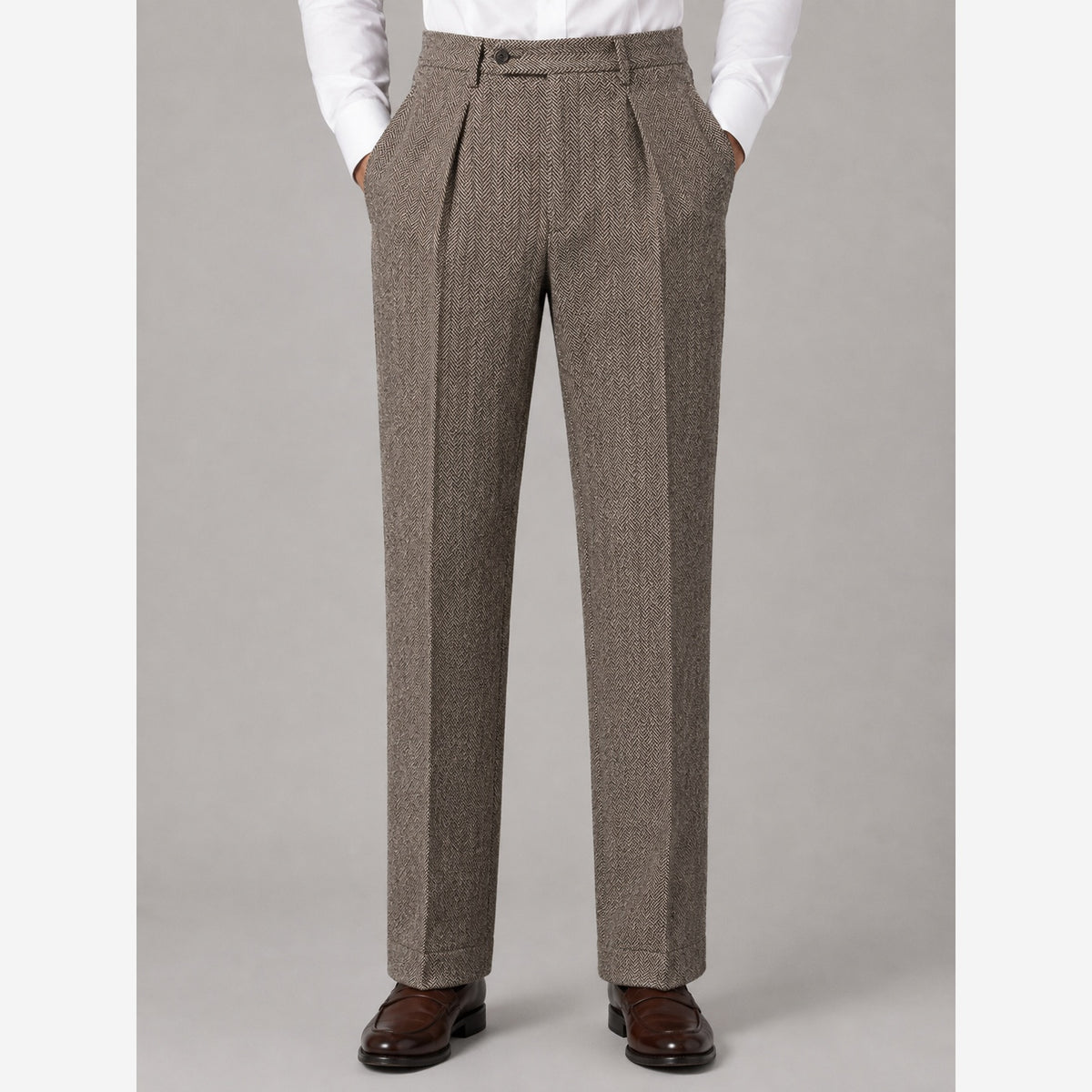 Men's Herringbone Trousers – High Waist Pleated Straight Leg