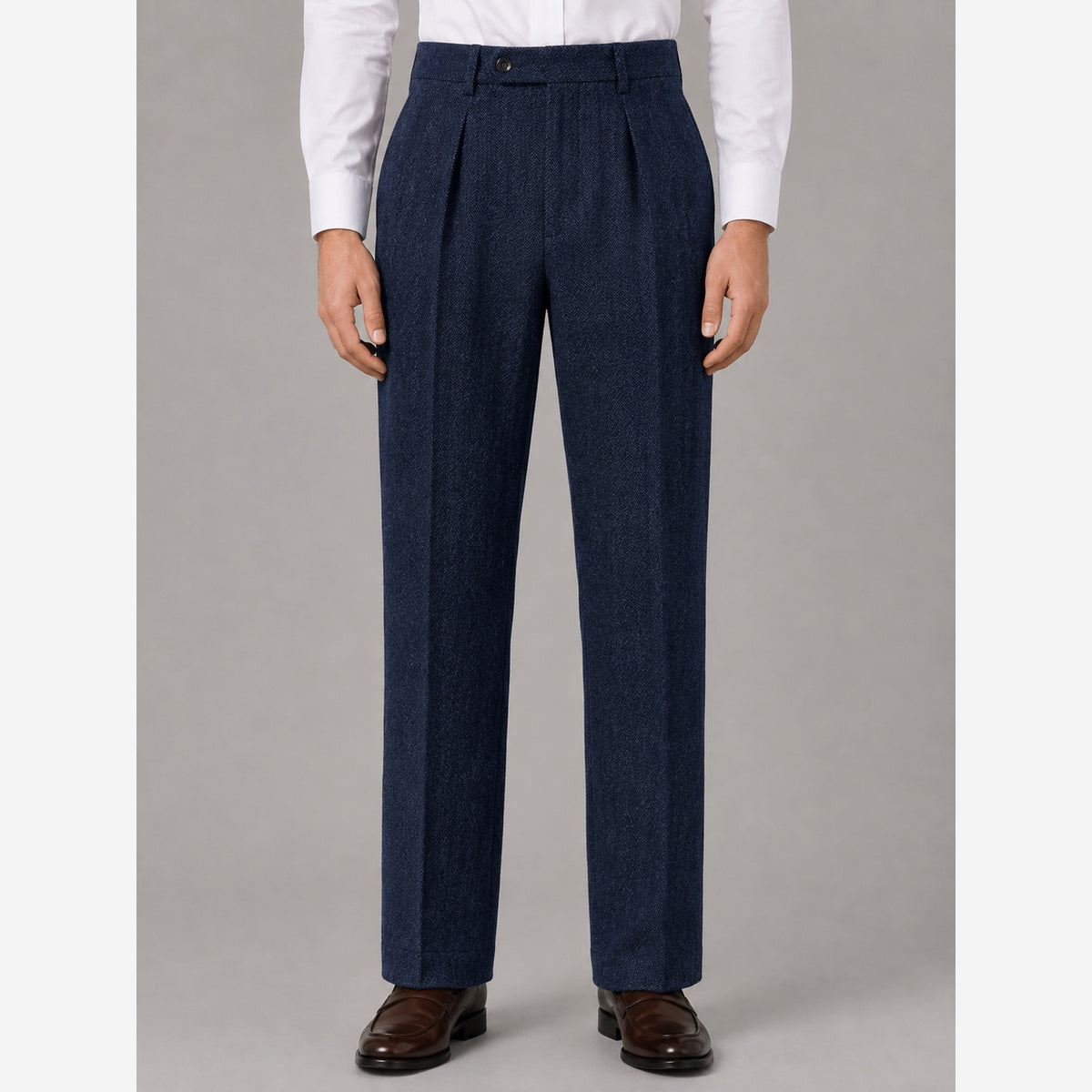 Men's Herringbone Trousers – High Waist Pleated Straight Leg