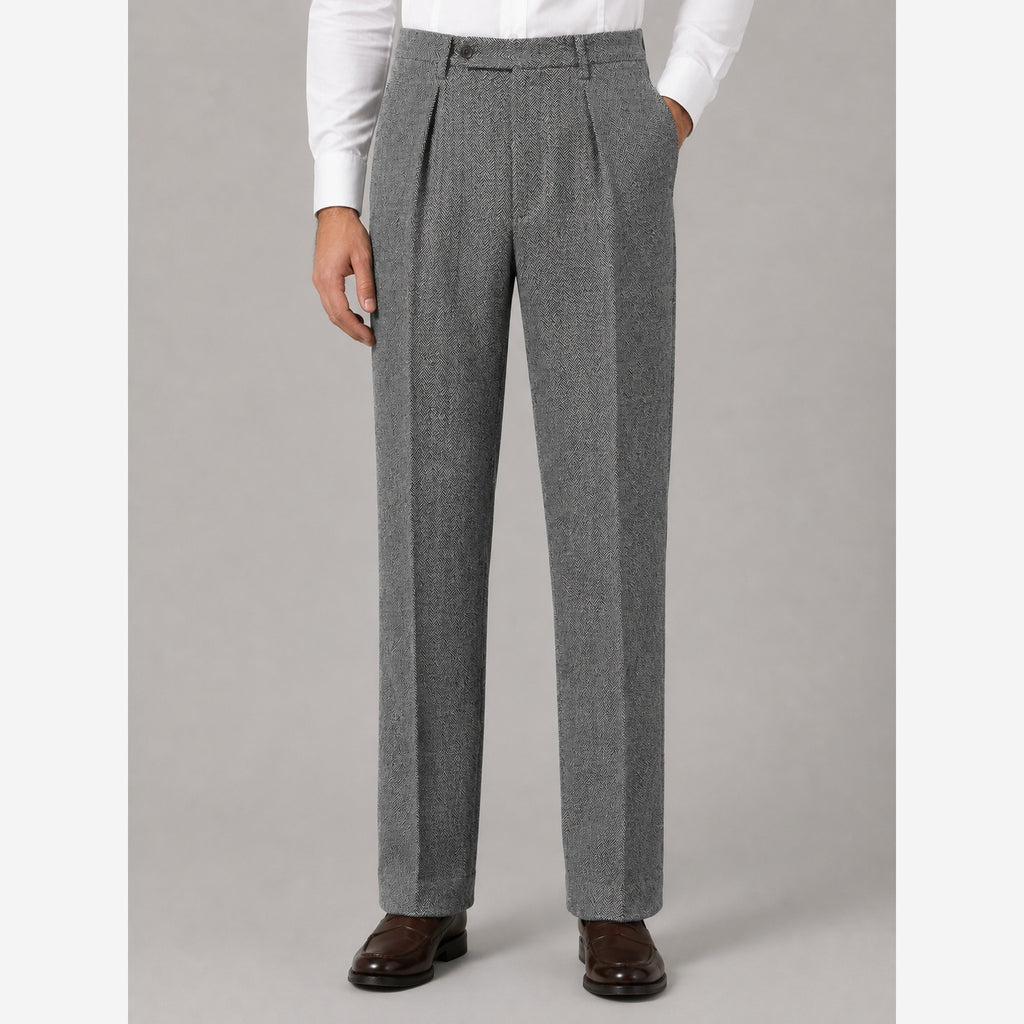 Men's Herringbone Trousers – High Waist Pleated Straight Leg