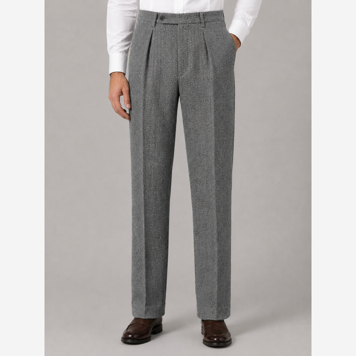 Men's Herringbone Trousers – High Waist Pleated Straight Leg