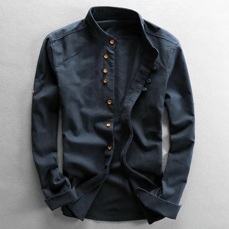 Men's Cotton Shirt – Mandarin Collar Button Front