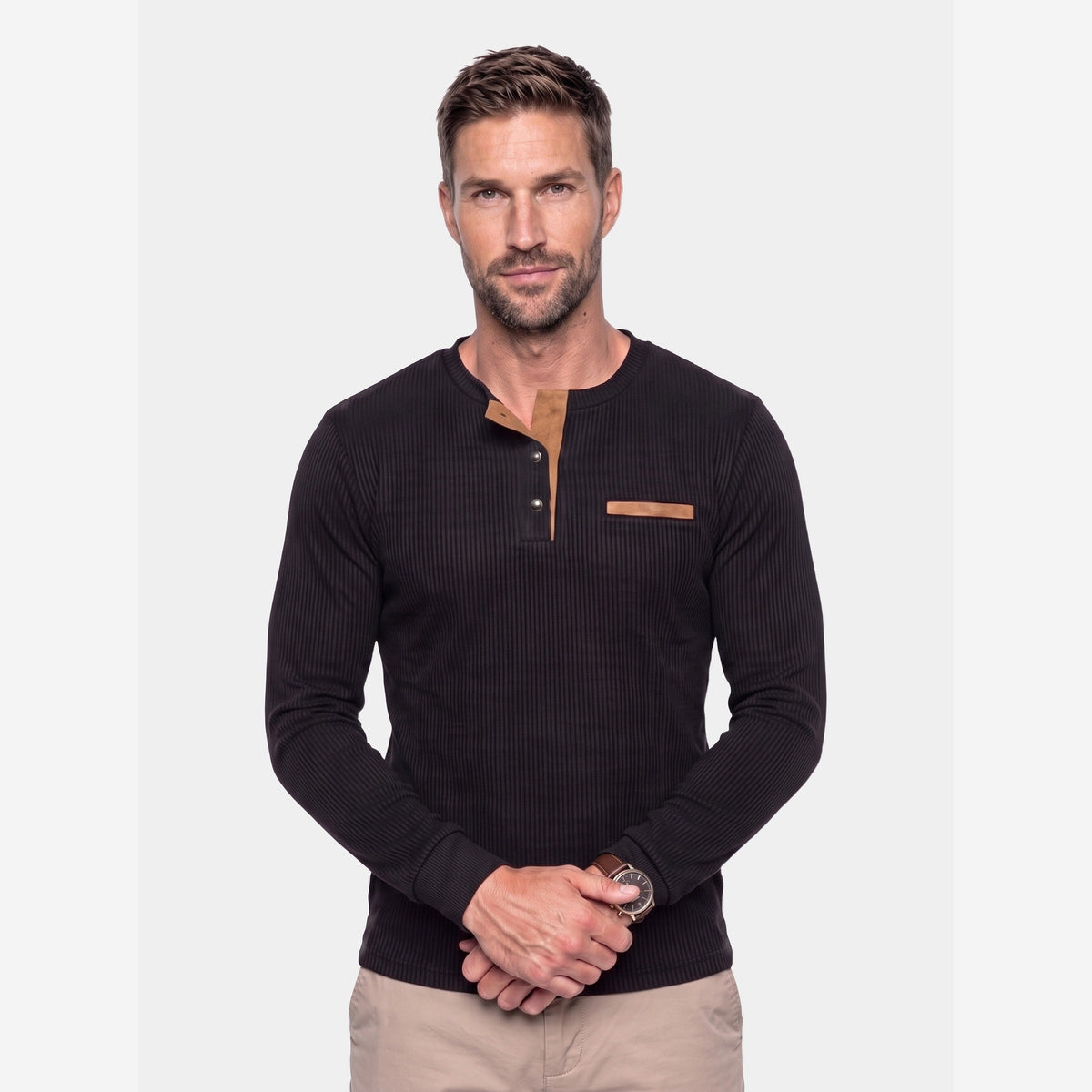 Men's Ribbed Long Sleeve Polo Shirt – Contrast Trim
