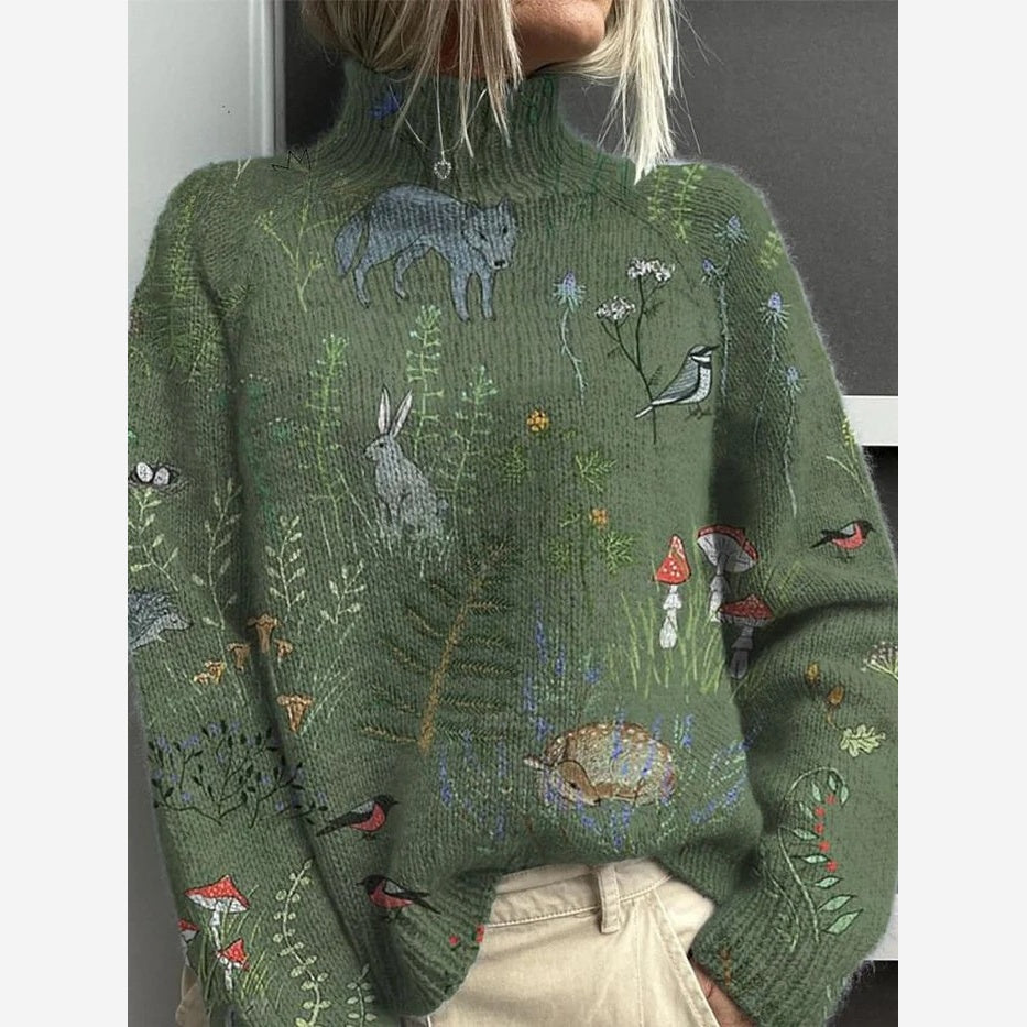 Women's printed roll neck jumper in Green with woodland animal and botanical print