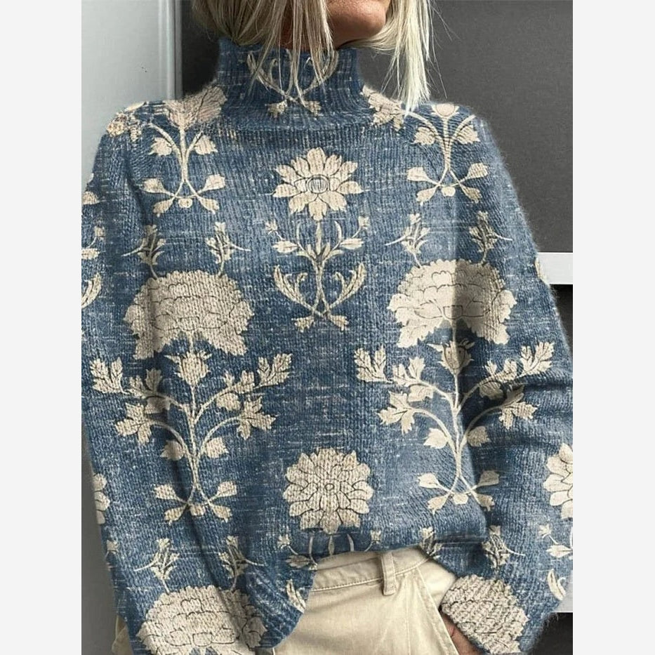 Women's printed roll neck jumper in Light Blue with cream floral print