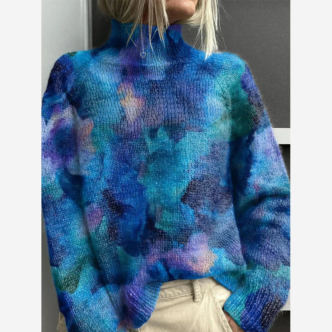 Women's printed roll neck jumper in Blue with abstract multicolour print