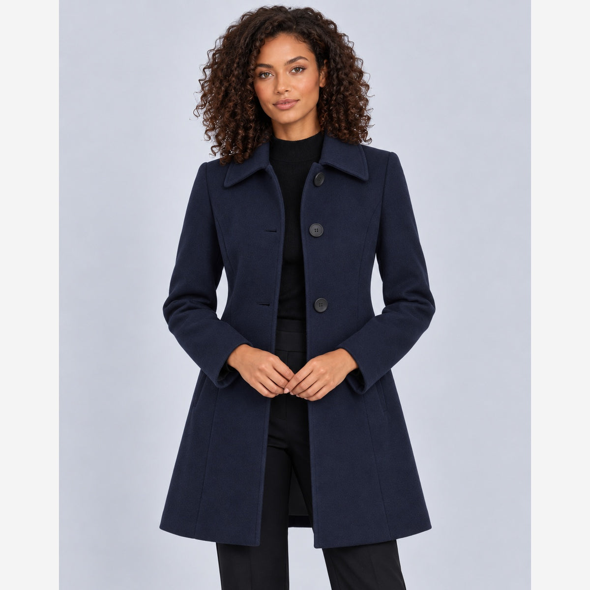 Women's fit and flare coat in Dark Blue worn