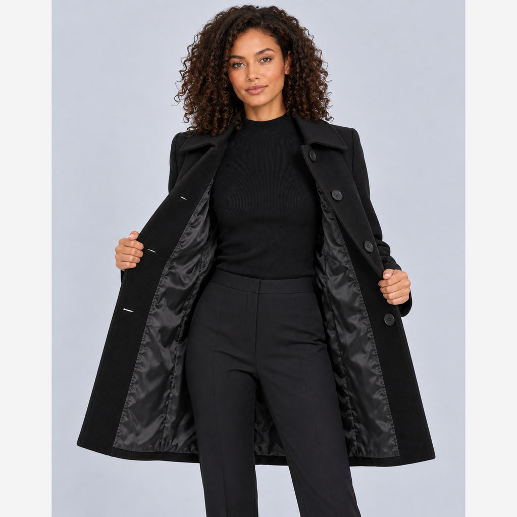 Women's fit and flare coat in Black showing lined interior