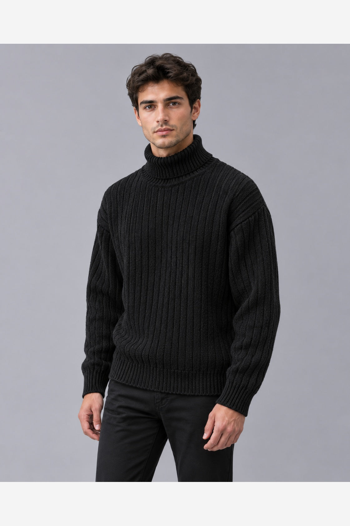 Men's Chunky Ribbed Roll Neck Jumper – Relaxed Fit