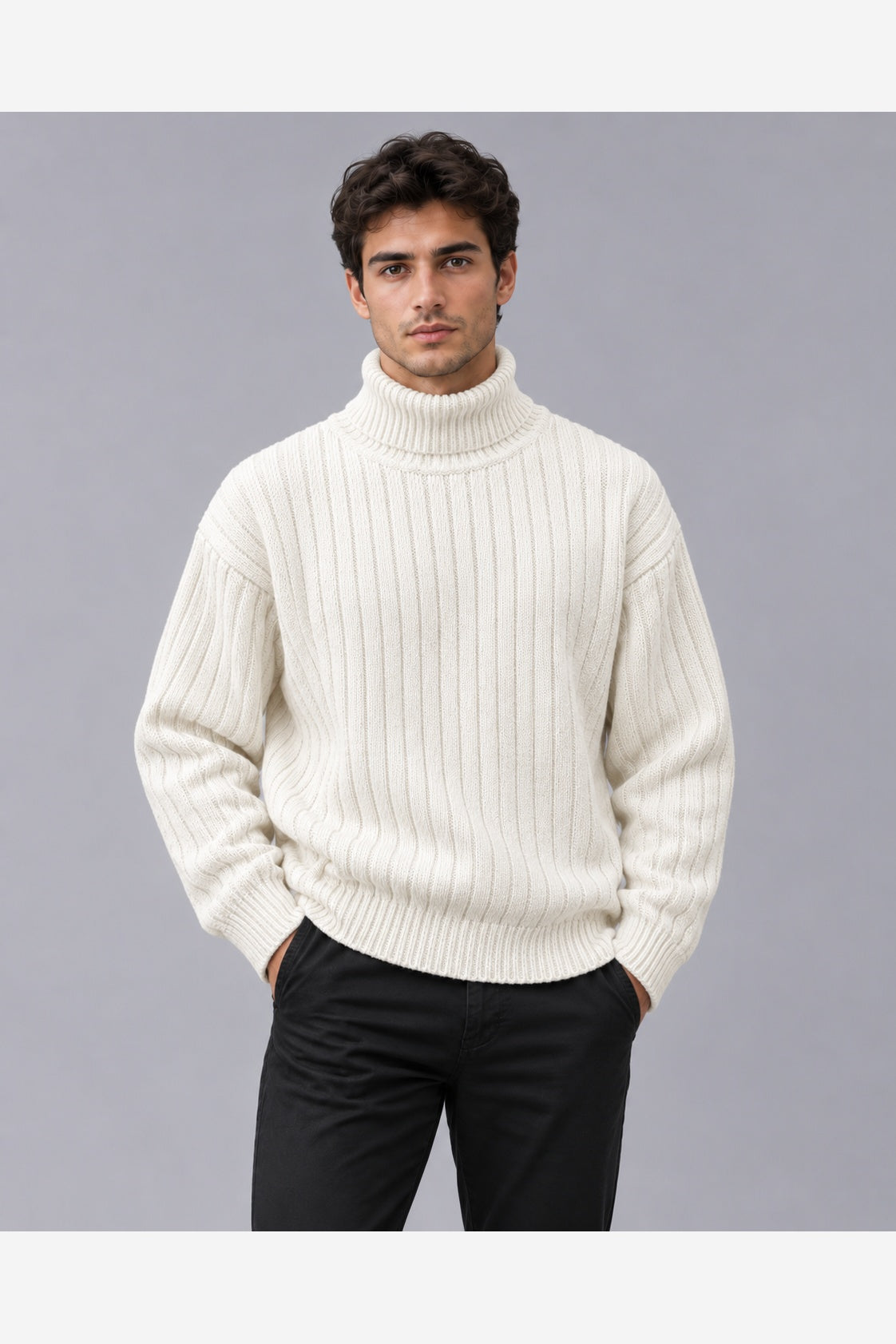Men's Chunky Ribbed Roll Neck Jumper – Relaxed Fit