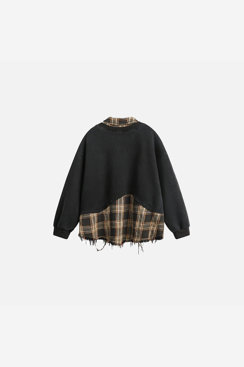 Men's Layered Look Sweatshirt – Plaid Patchwork Detail