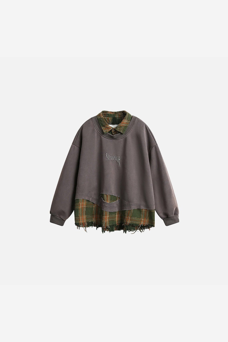Men's Layered Look Sweatshirt – Plaid Patchwork Detail