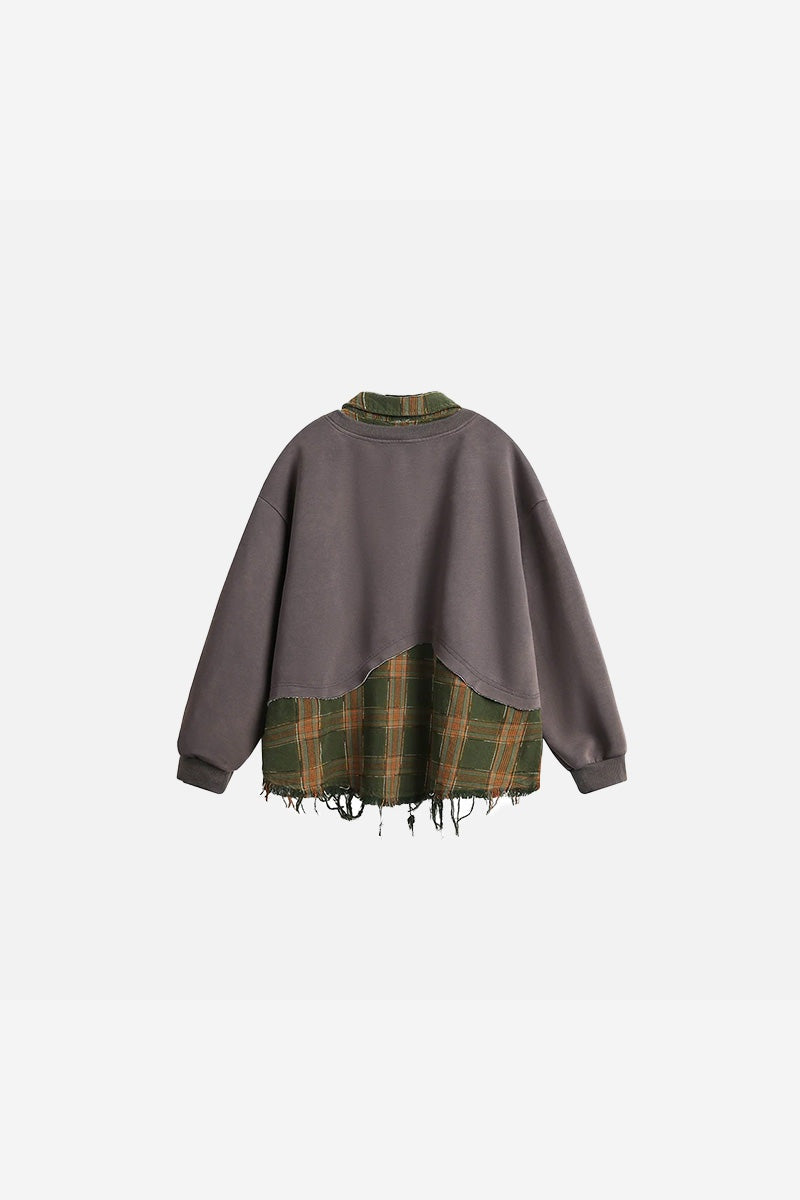 Men's Layered Look Sweatshirt – Plaid Patchwork Detail