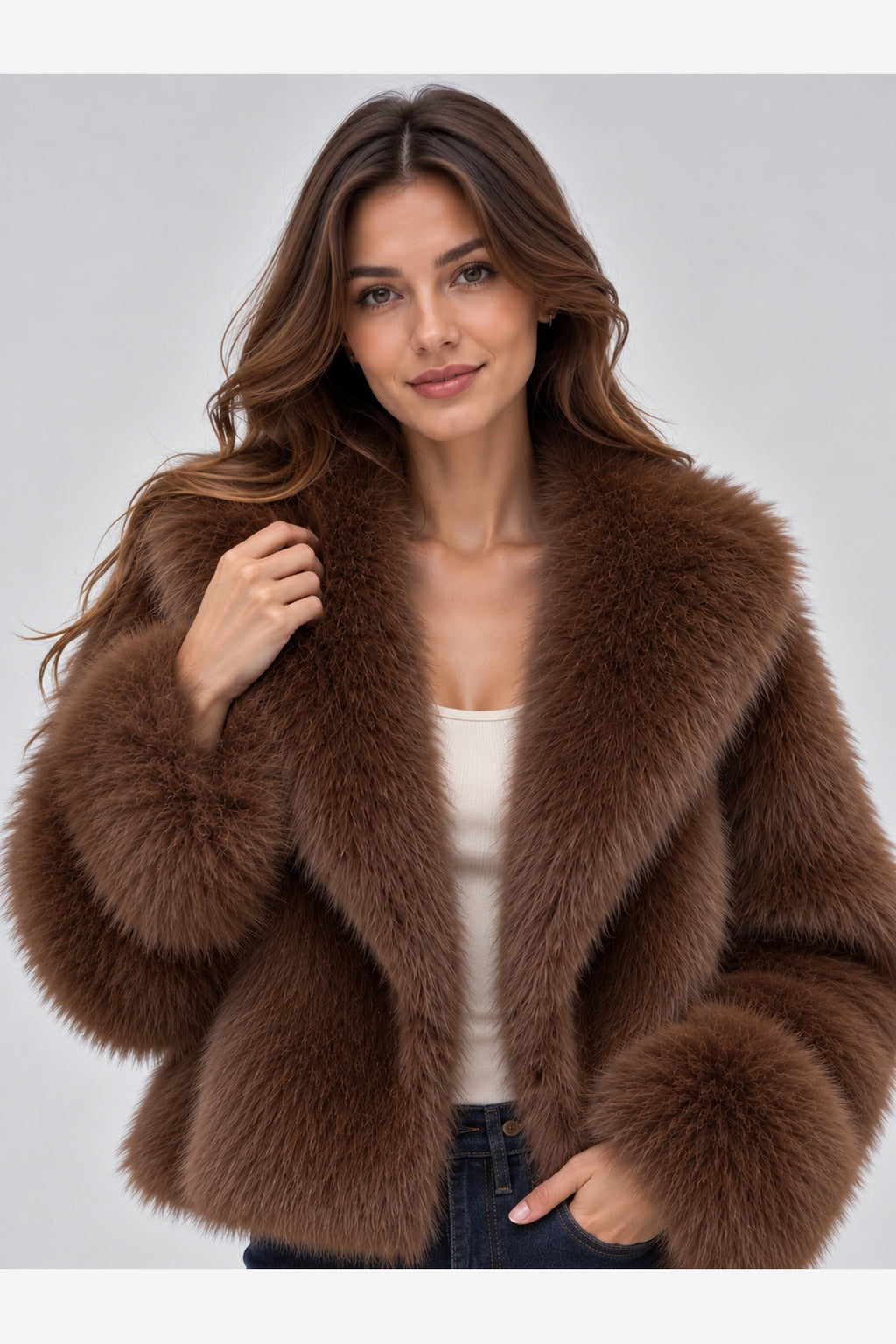 Women's Cropped Faux Fur Jacket – Oversized Lapel Collar