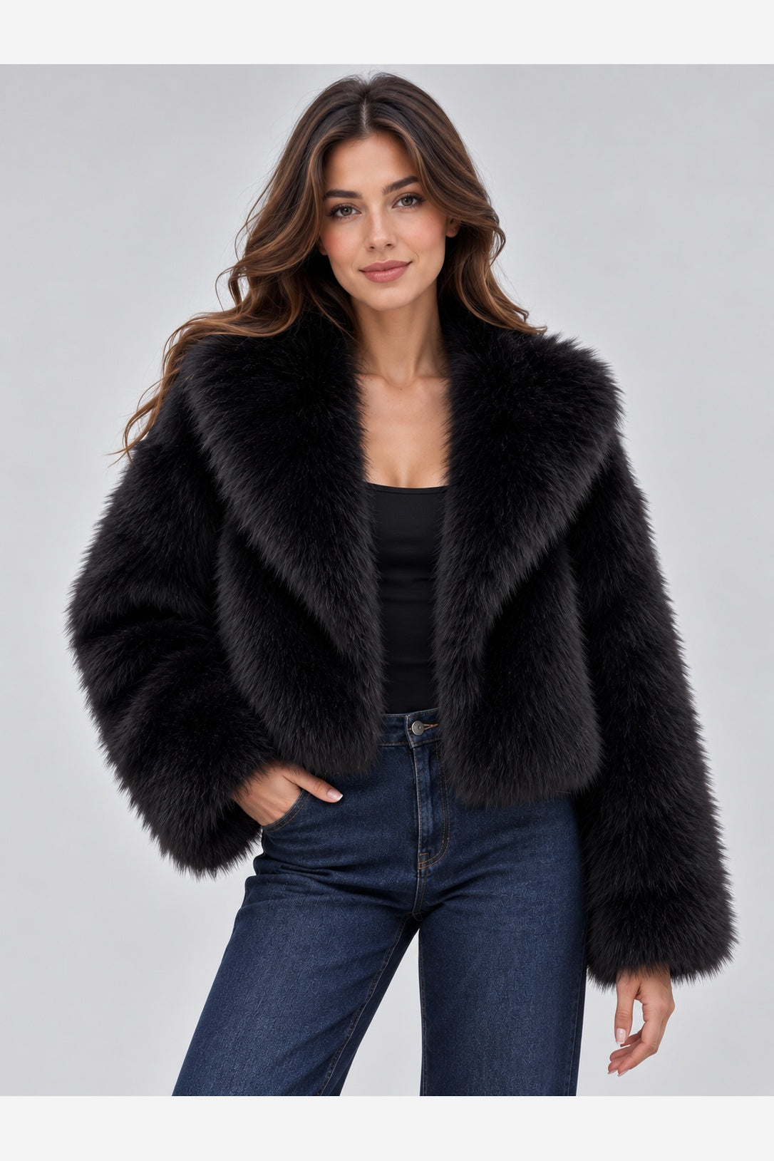 Women's Cropped Faux Fur Jacket – Oversized Lapel Collar