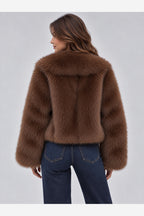 Women's Cropped Faux Fur Jacket – Oversized Lapel Collar