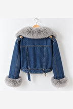 Women's Denim Jacket Faux Fur Collar – Dark Blue back view