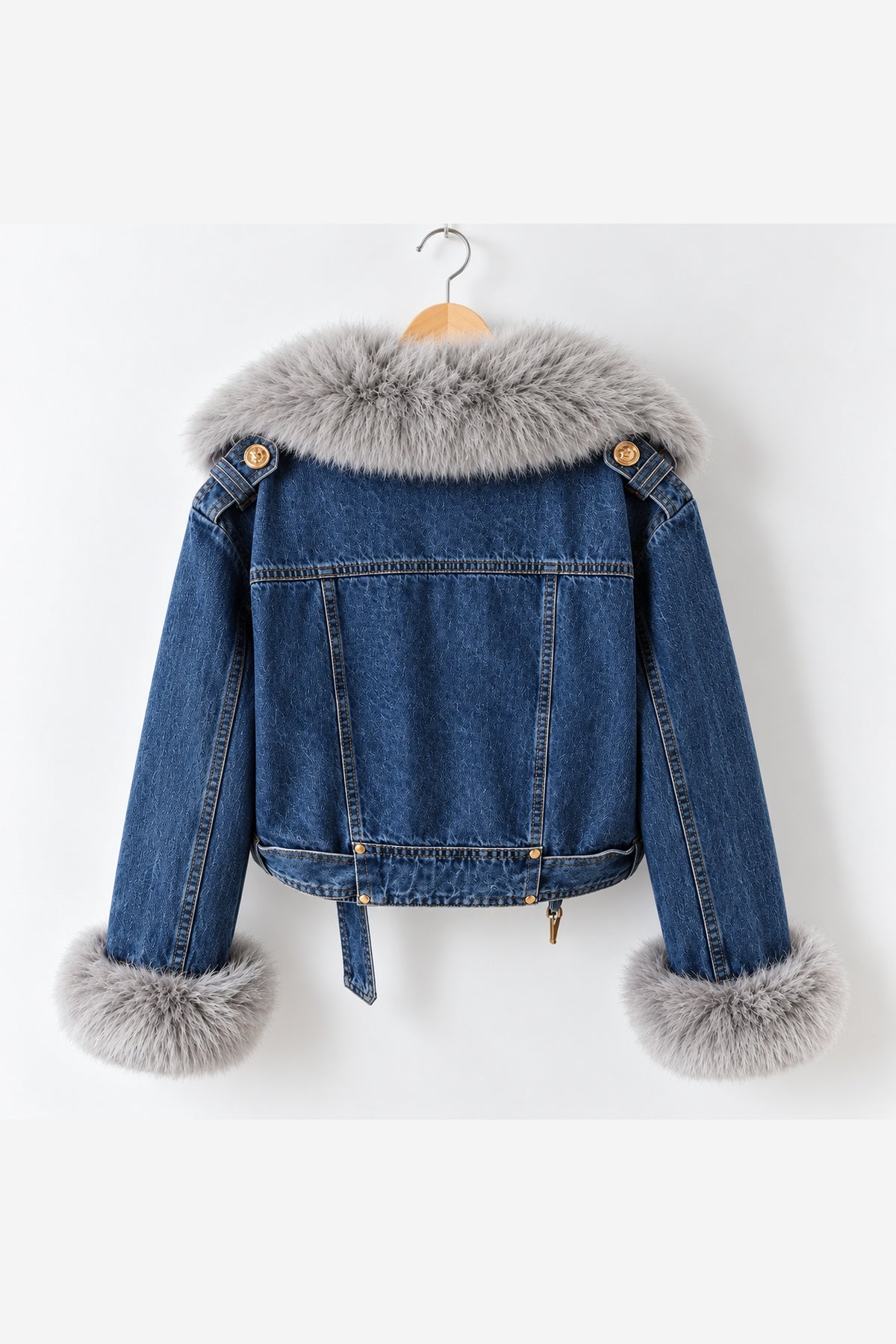 Women's Denim Jacket Faux Fur Collar – Dark Blue back view