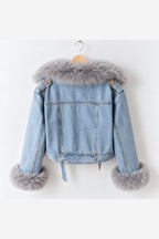 Women's Denim Jacket Faux Fur Collar – Light Blue back view
