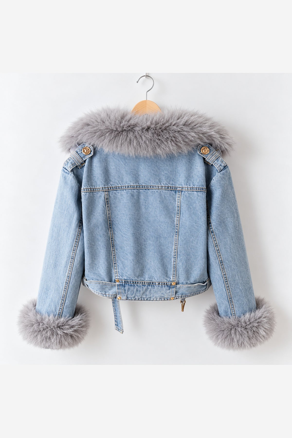 Women's Denim Jacket Faux Fur Collar – Light Blue back view