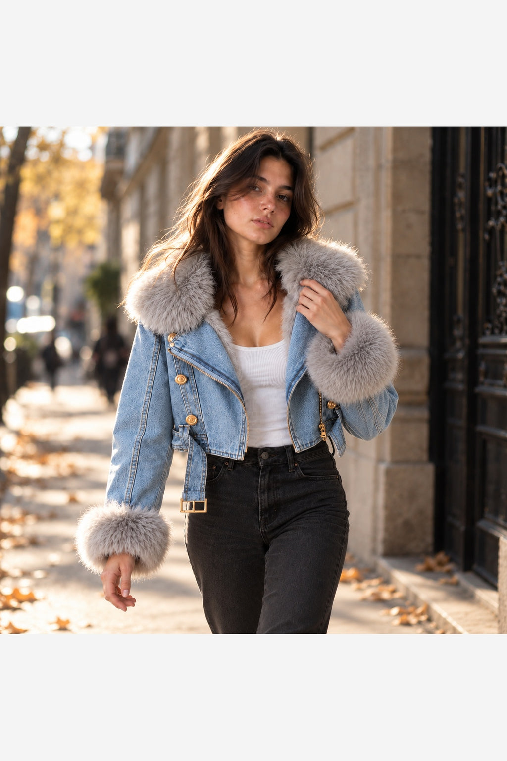 Women's Denim Jacket Faux Fur Collar – Light Blue